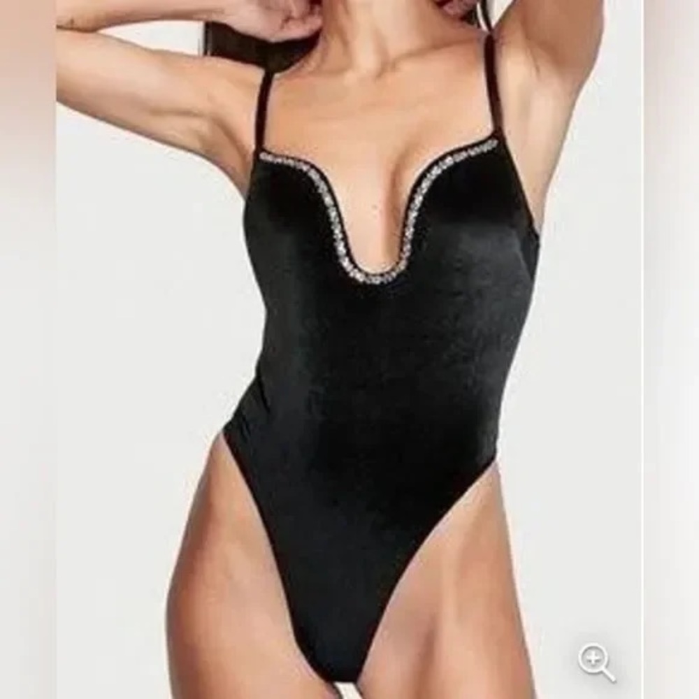 Victoria’s Secret Black Velvet U Neckline Crystal Trim Push-Up  Bodysuit